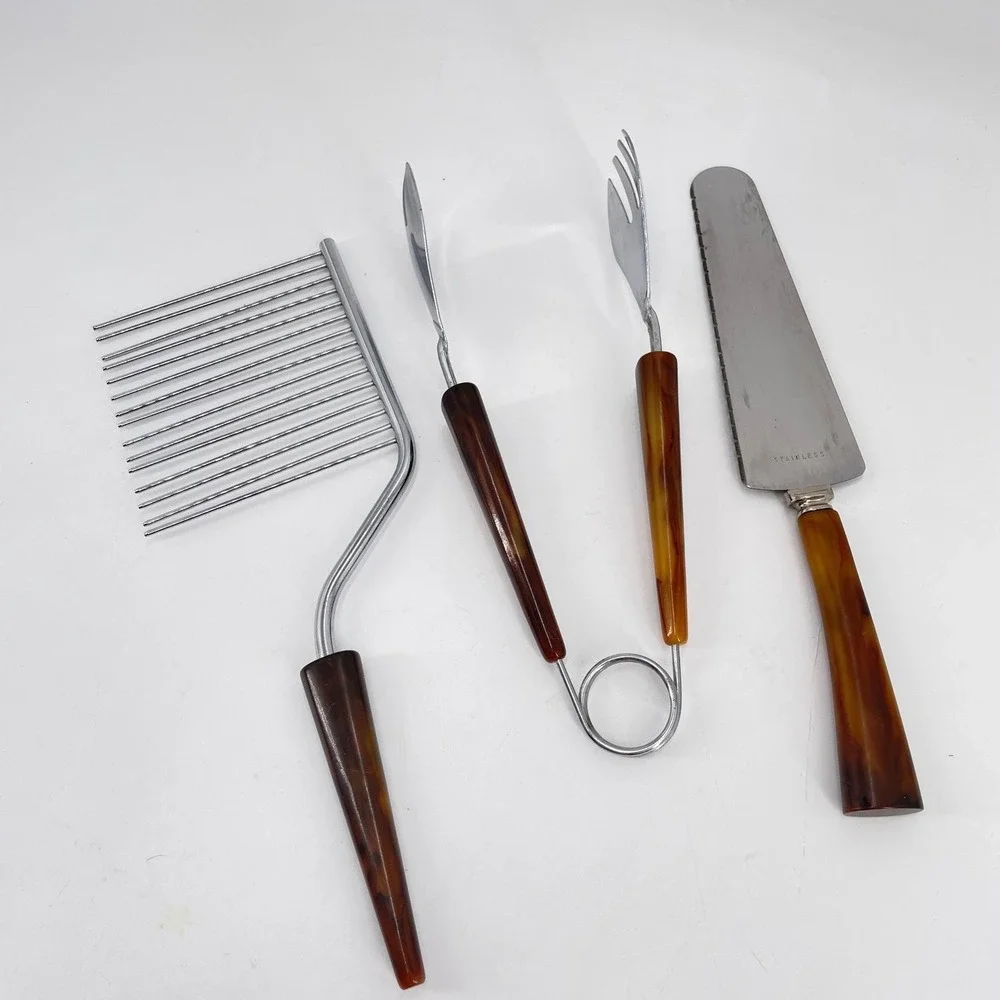 Vtg Bakelite Serving Set‎ Cake Breaker Slicer Tongs faux tortoise shell
